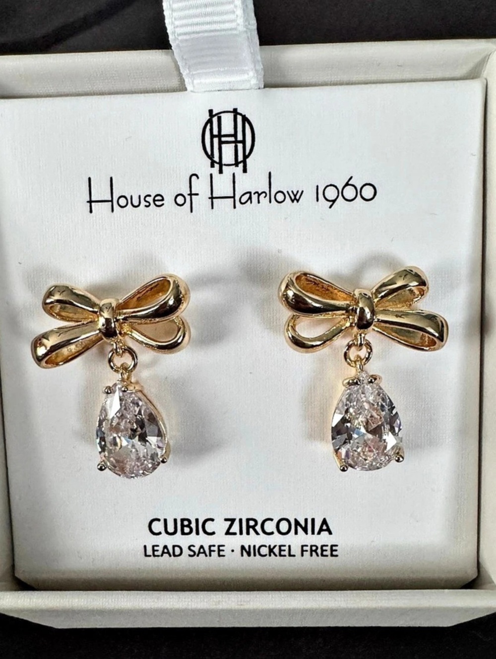 NEW House of Harlow 1960 Gold-Plated Cubic Zirconia Bow Drop Earrings